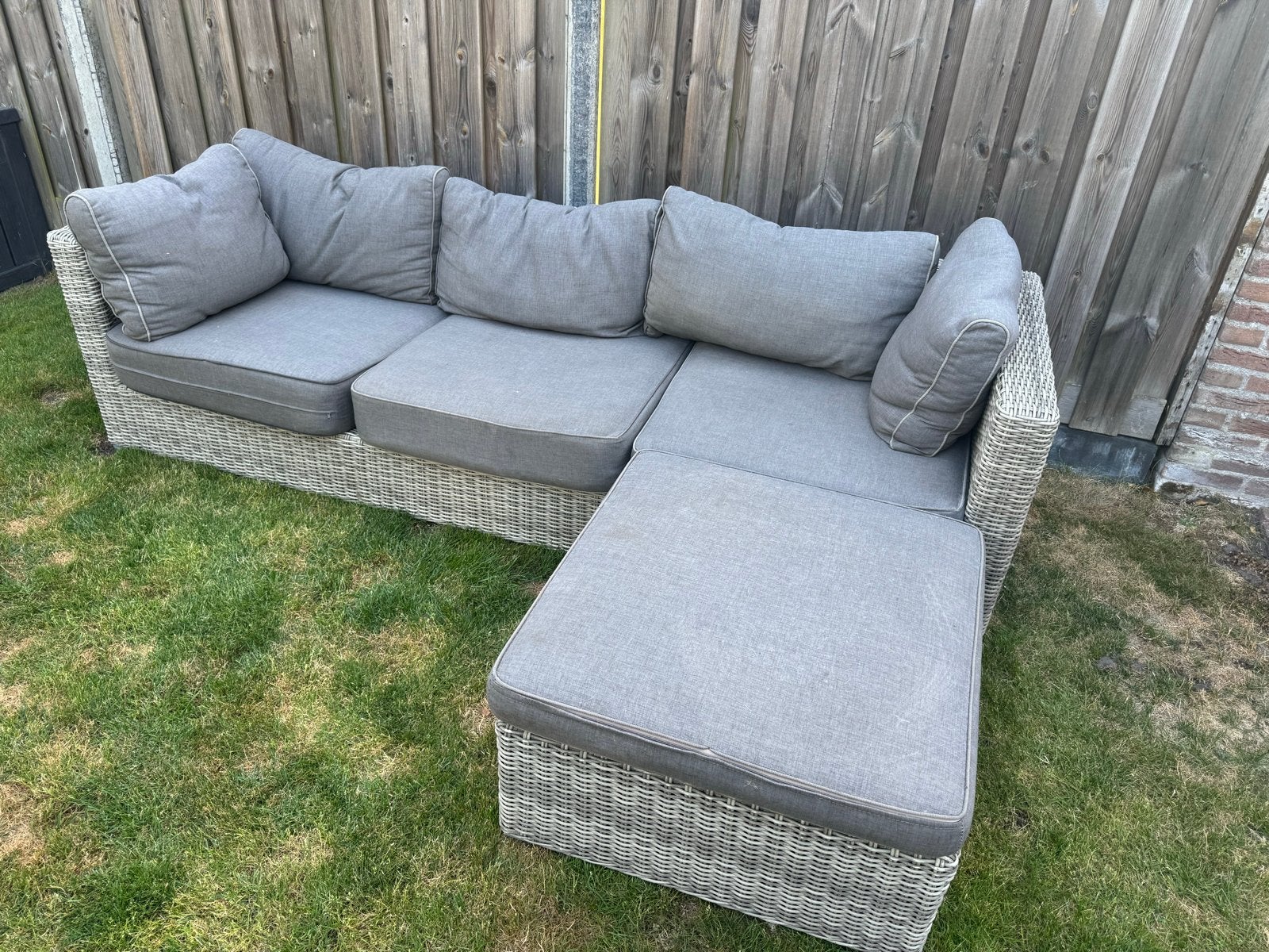 Teakhouten loungebank met kussens op te halen, Ophalen, Gebruikt, Hoekbank, Driepersoons