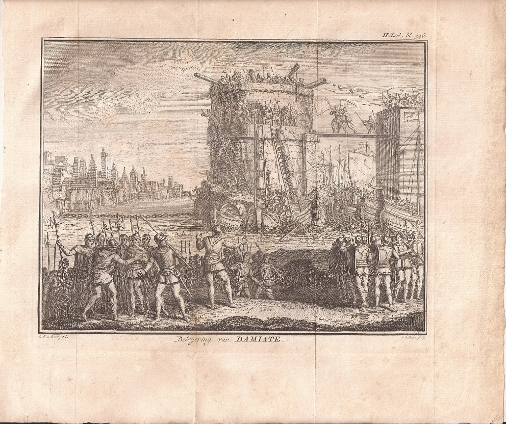 Belegering van Damiate 1219 Kopergravure Folkema, 19 cm, Ophalen of Verzenden, 15 cm, 1700 - 1799