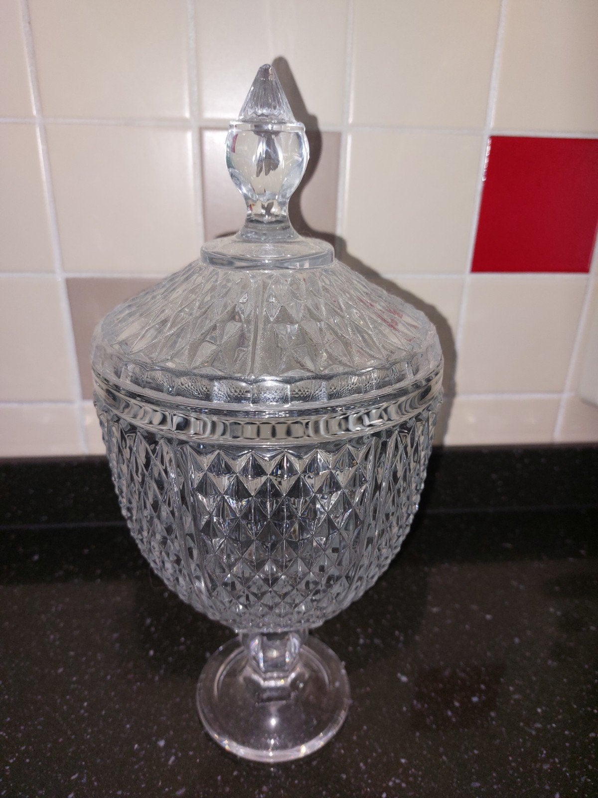 Decoratieve glazen bonbonnière met deksel, 33 cm hoog, Huis en Inrichting, Ophalen, Zo goed als nieuw, Glas