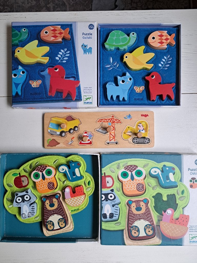 Djeco en Haba eerste puzzels set, Ophalen of Verzenden, Minder dan 10 stukjes, Gebruikt