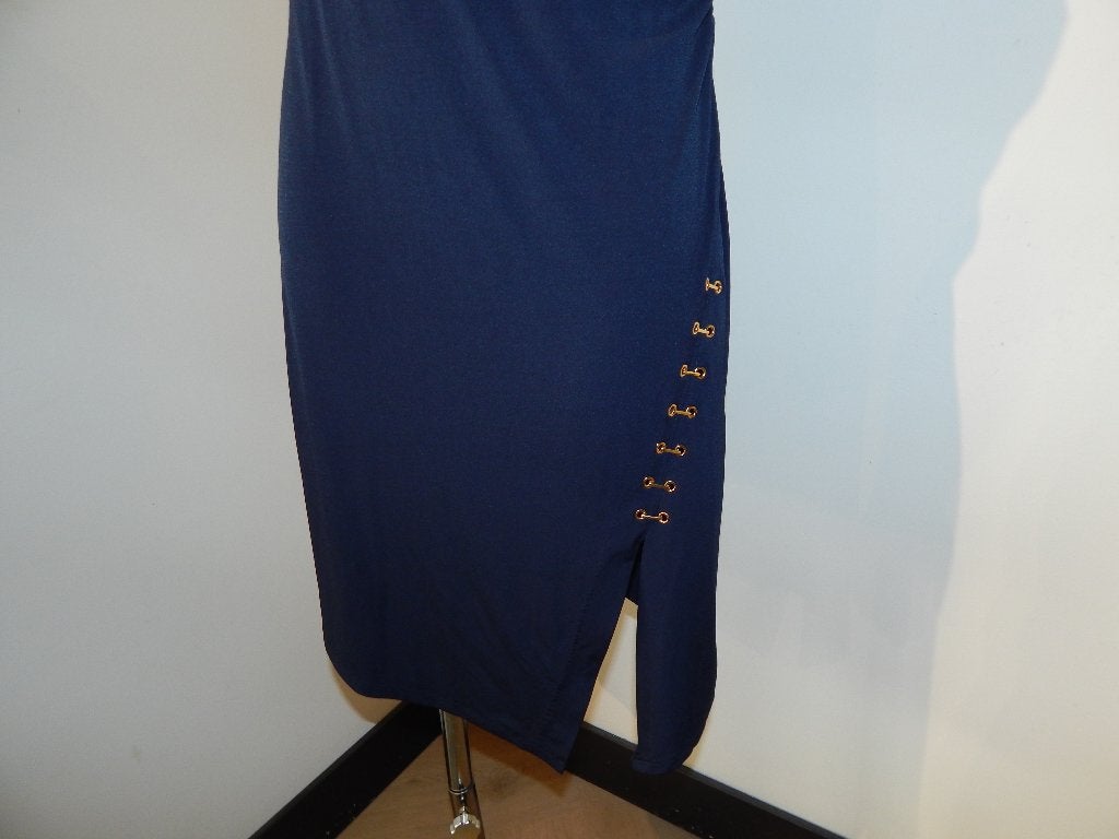 Michael Kors donker blauwe stretch jurk gouden schakels M, Maat 38/40 (M), Michael Kors, Zo goed als nieuw, Knielengte