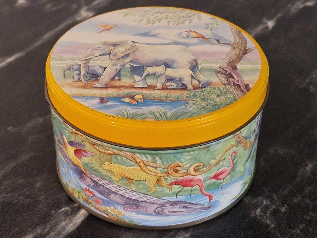 Vintage snoepblik / voorraad blik met Jungle dieren opdruk, Verzamelen, Blikken, Ophalen of Verzenden, Gebruikt, Overige, Overige merken