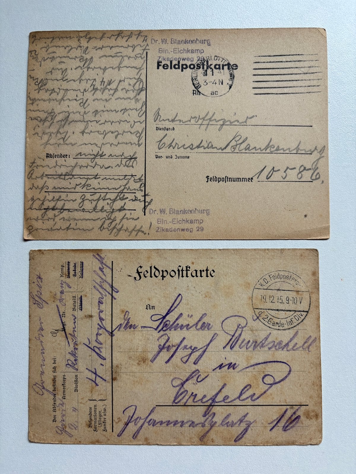 2 originele Duitse Feldpostkaarten (WO1 en WO2), Ophalen of Verzenden, 1920 tot 1940, Duitsland