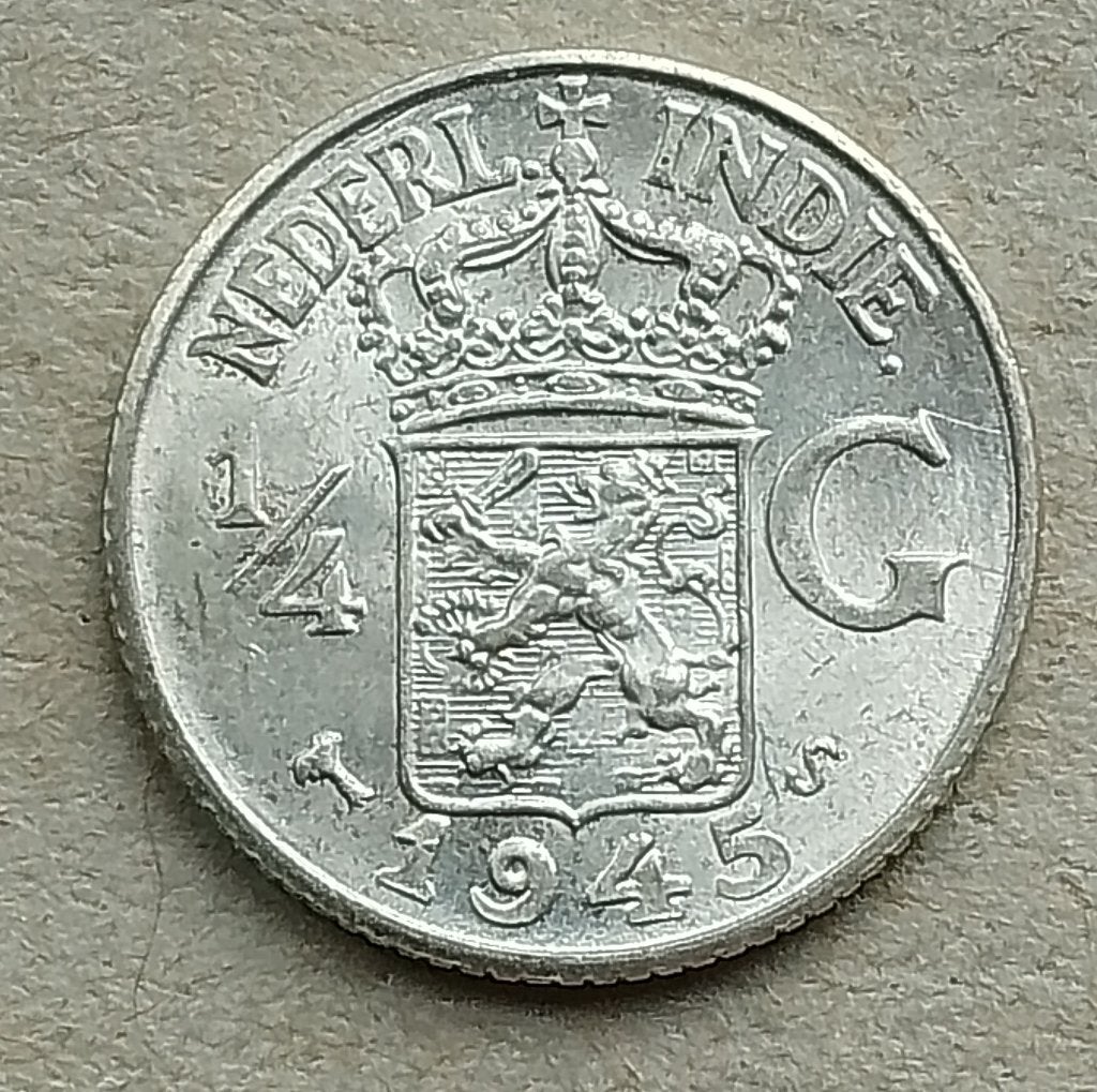 Nederlands Indië, 1/4 gulden 1945 S, Ophalen of Verzenden, Zuidoost-Azië, Losse munt, Zilver