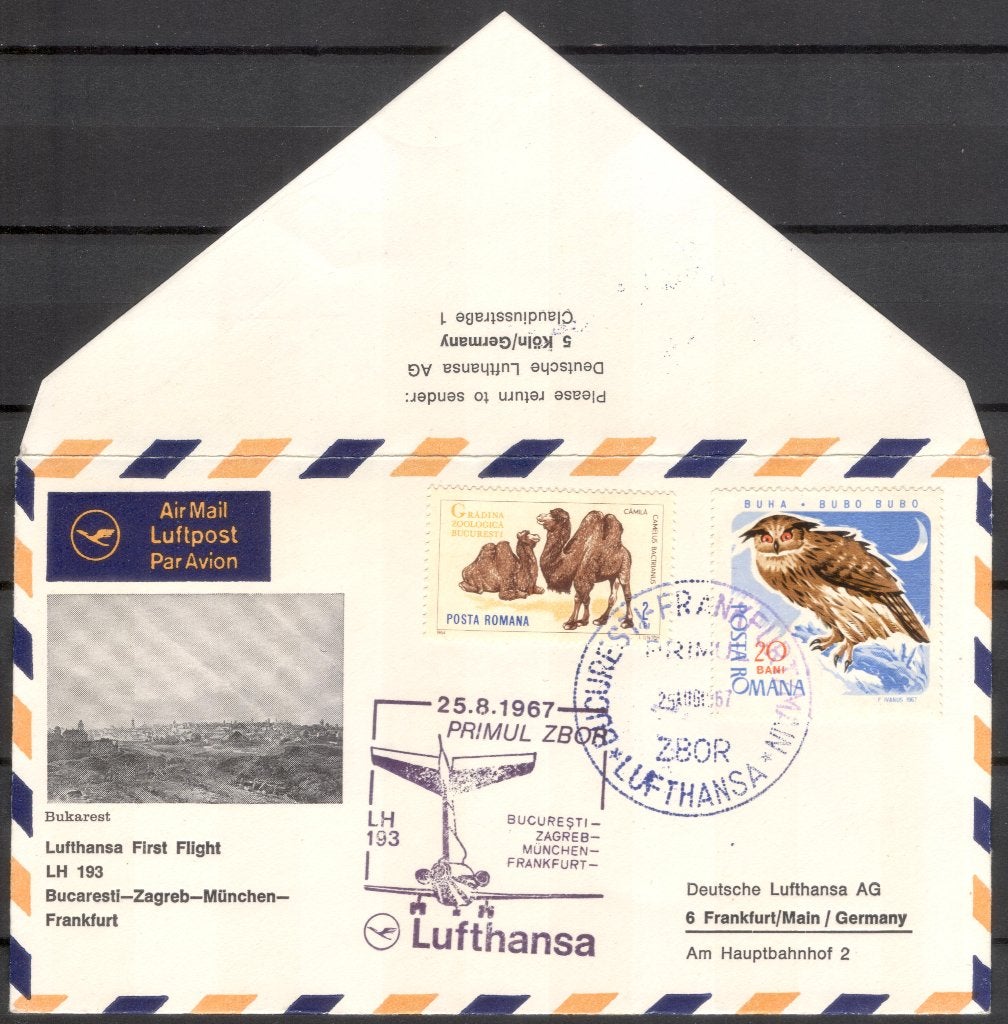 1e Lufthansa vlucht Boekarest - Zagreb - München - Frankfurt, Verzenden, Envelop