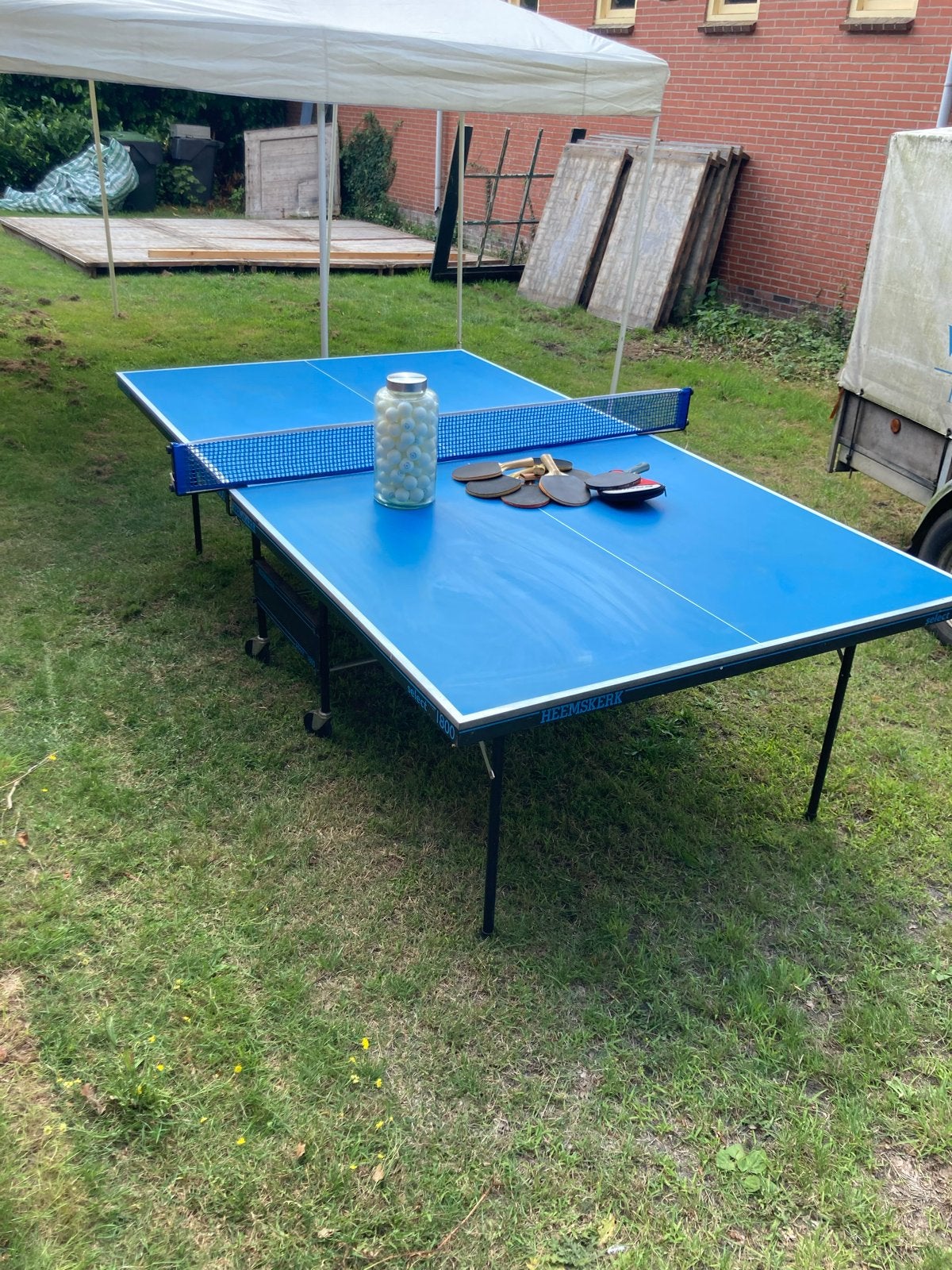 Heemskerk 1800 Tafeltennistafel met batjes en ballen, Sport en Fitness, Tafeltennis, Ophalen, Gebruikt, Tafel Indoor, Inklapbaar