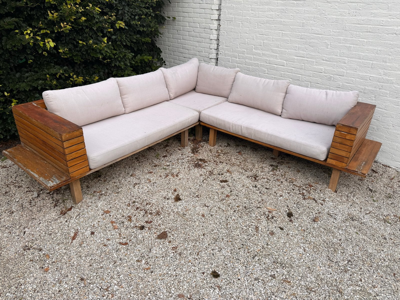 Houten tuin loungeset met kussens, Ophalen, 4 zitplaatsen, Gebruikt, Loungeset