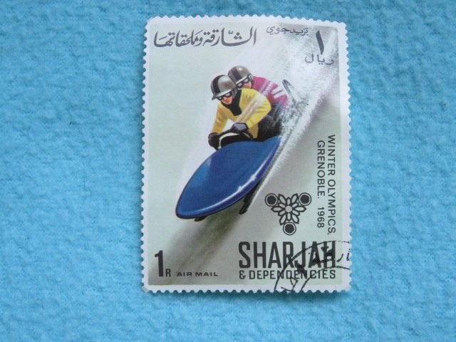 Postzegel Sjarjah, thema Olympische Spelen bobslee, 1968, Ophalen of Verzenden, Gestempeld, Sport