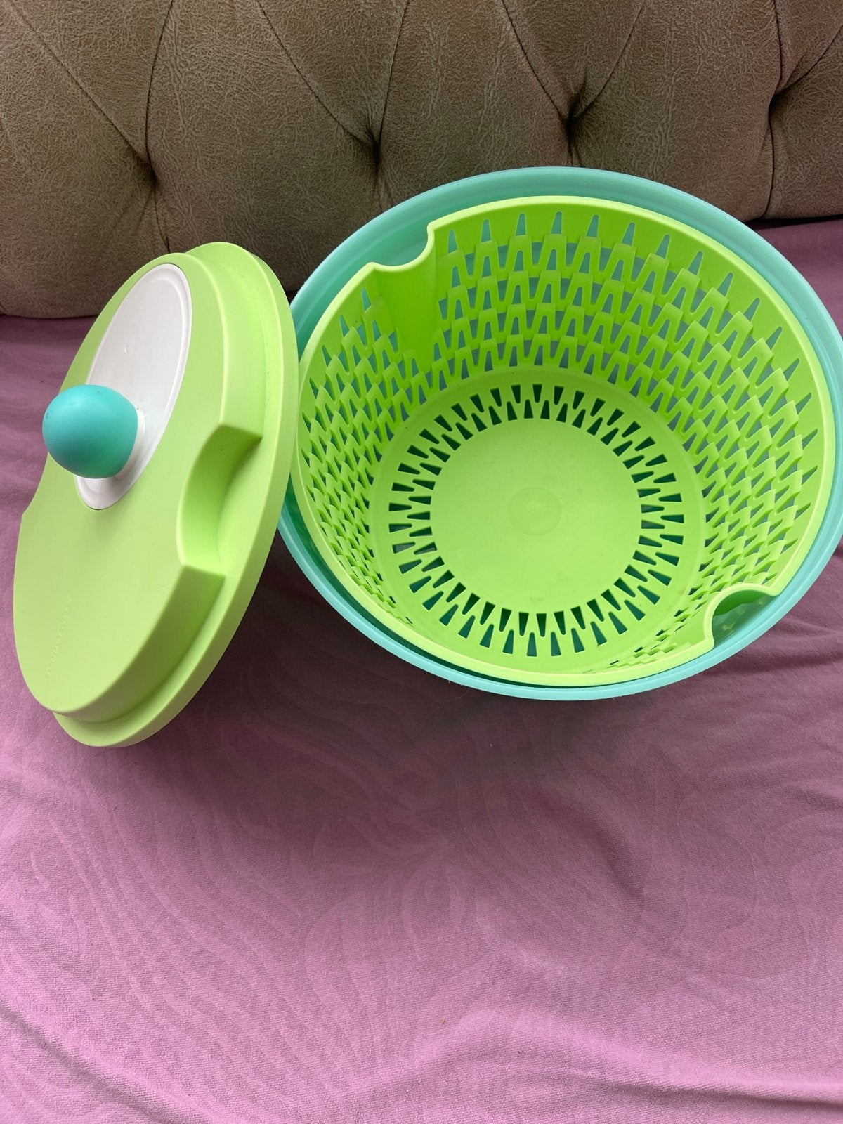 Tupperware slacentrifuge - Groen/Blauw, Gebruikt, Overige typen, Ophalen of Verzenden, Met deksel
