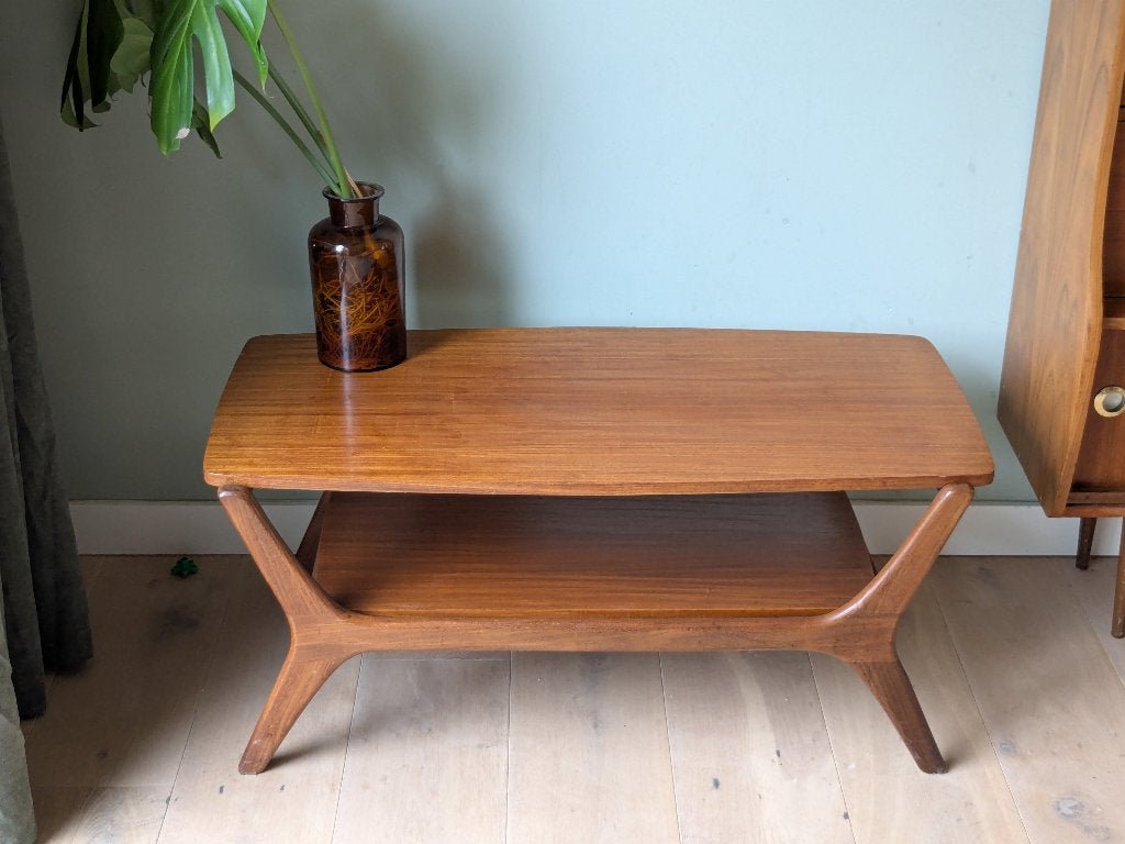 Vintage salontafel. Louis van Teeffelen. Teak fineer. Deens., Ophalen, Gebruikt, 100 tot 150 cm, Teakhout