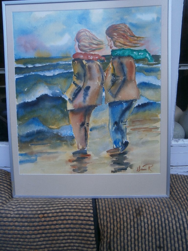 Leuk schilderij, 2 dames a/d waterzijde met gebroken glas, Antiek en Kunst, Ophalen, Impressionistisch, Aquarel, Maritiem / water