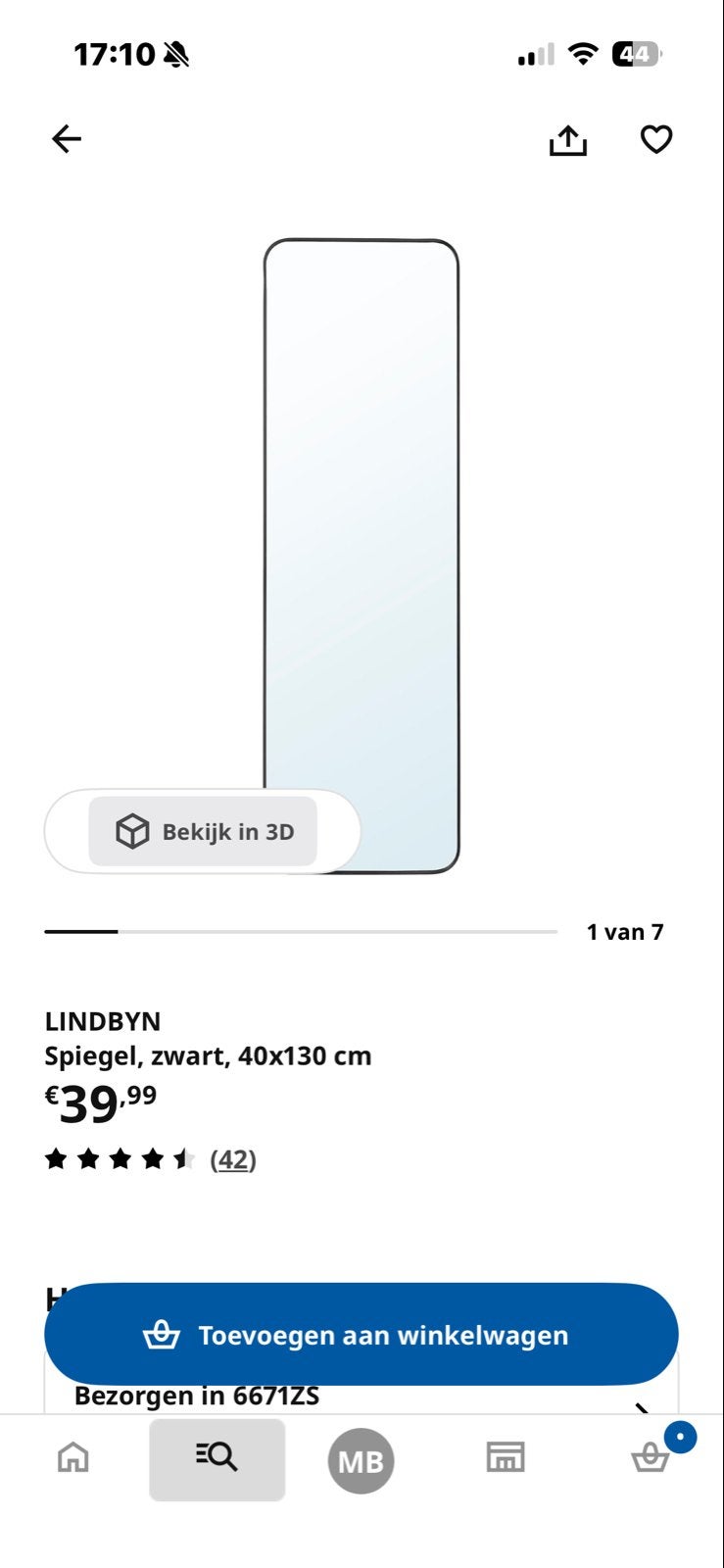 IKEA LINDBYN Spiegel, zwart, 40x130 cm, Ophalen, Minder dan 50 cm, 100 tot 150 cm, Nieuw