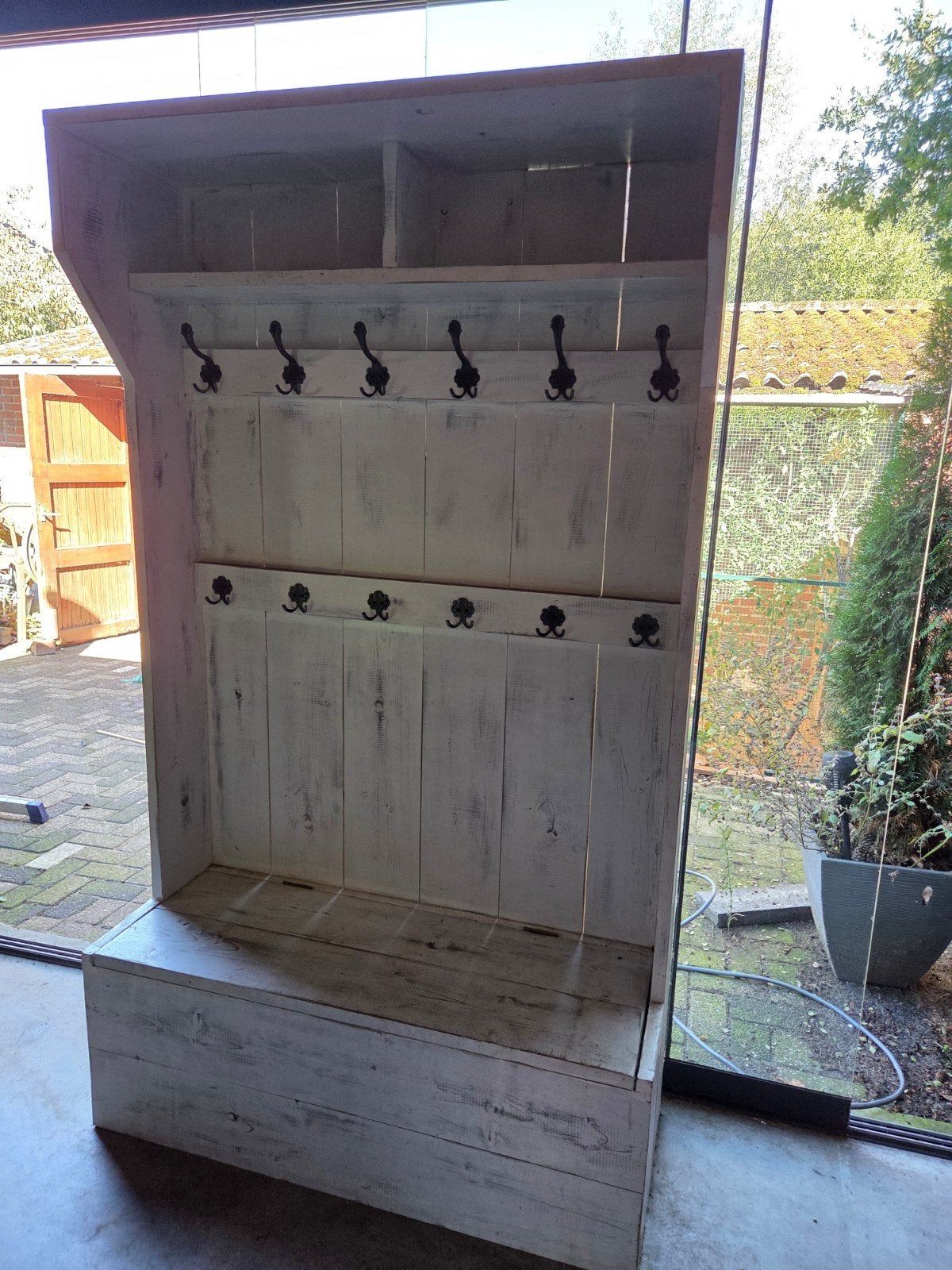Houten white wash kast met opbergbankje en kapstokhaken, Ophalen, Gebruikt, Hout, Overige typen