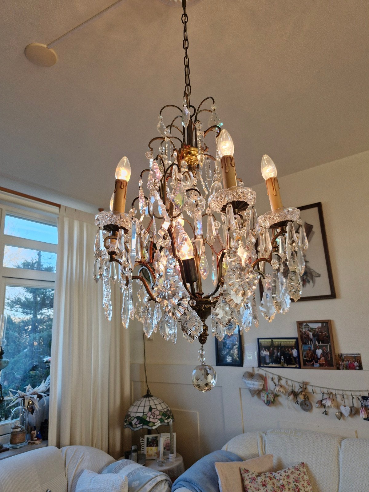 Antieke bronzen france kristallen kroonluchter met 9 lampen, Ophalen of Verzenden