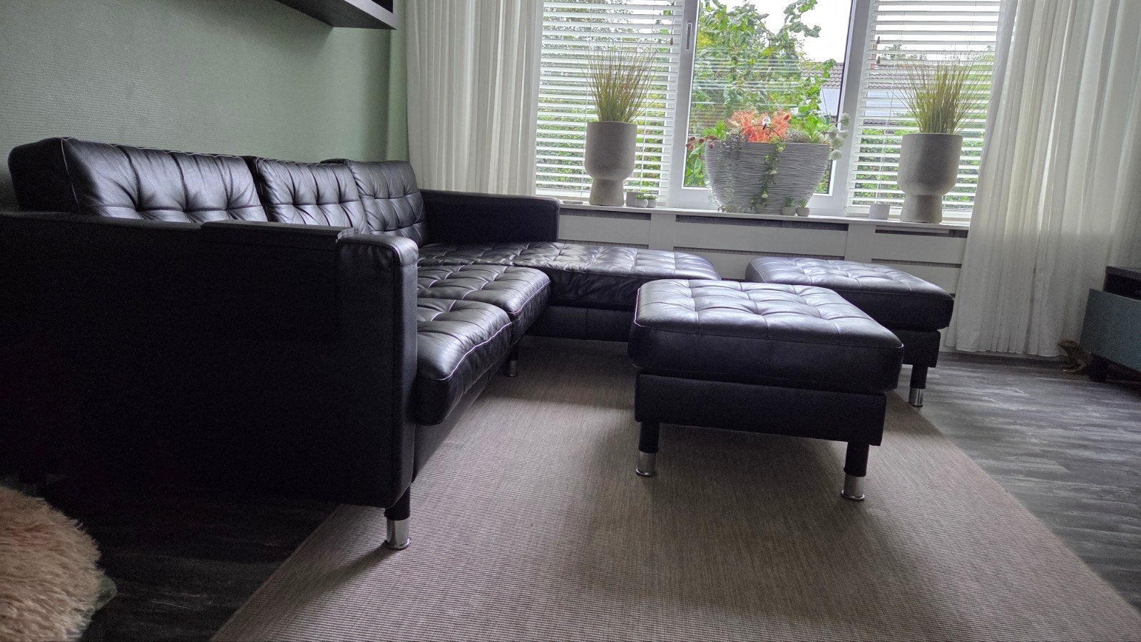 IKEA  Zwart Leren Hoekbank met 2 Hockers - 238cm, Ophalen, Gebruikt, Leer