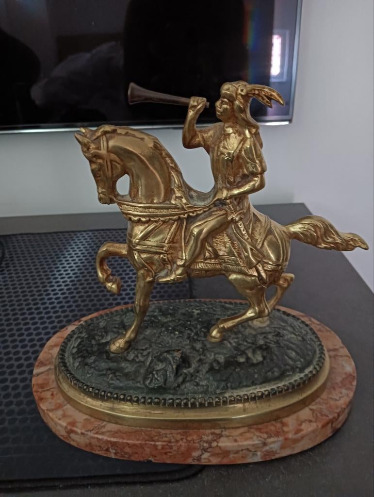 Vintage Bronzen Ruiter met Hoorn op Marmeren Voet, Ophalen