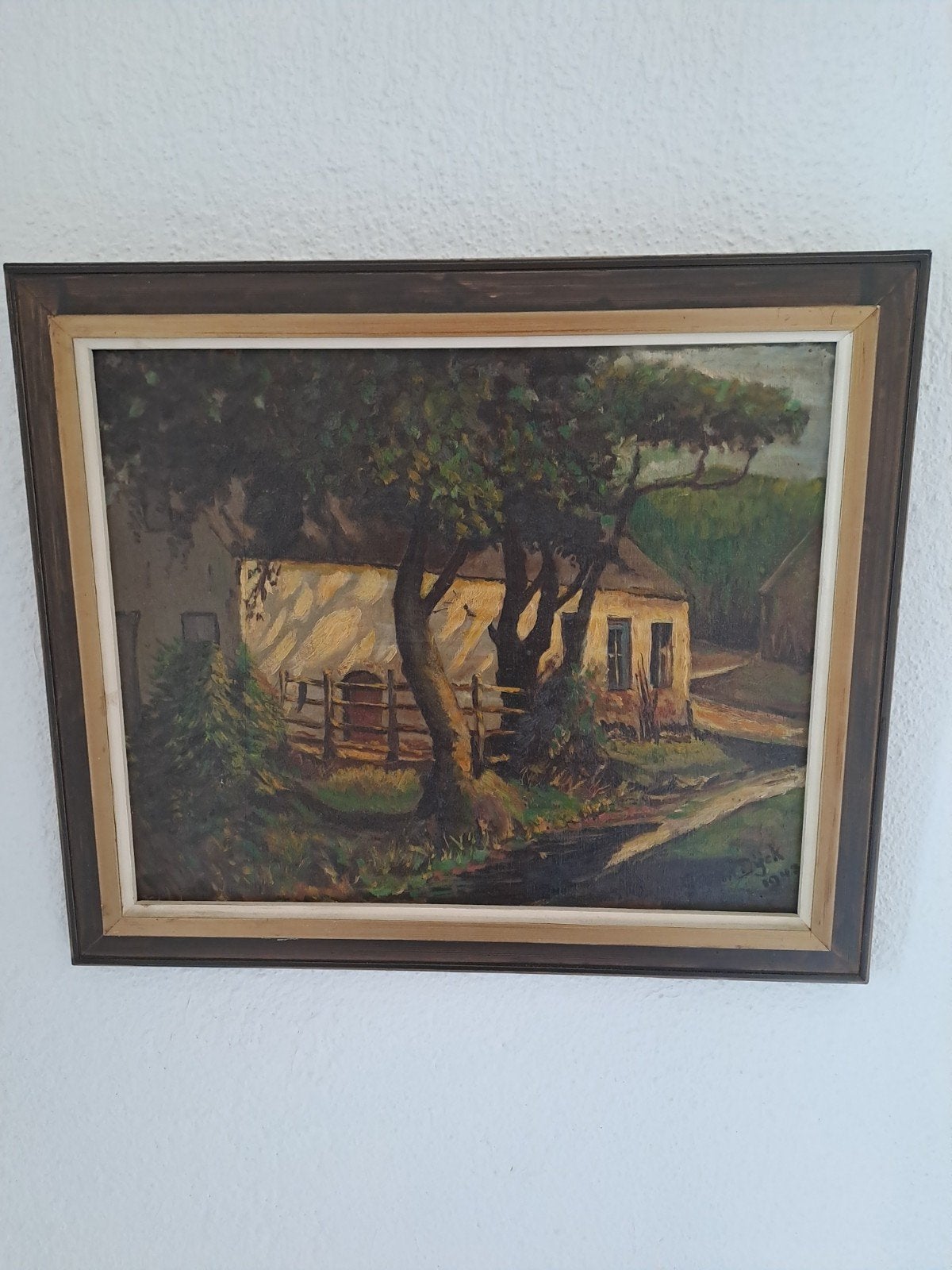 Olieverfschilderij Landschap met Boerderij en Bomen, Antiek en Kunst, Ophalen, Bijzondere lijst, Doek, Oud hollands