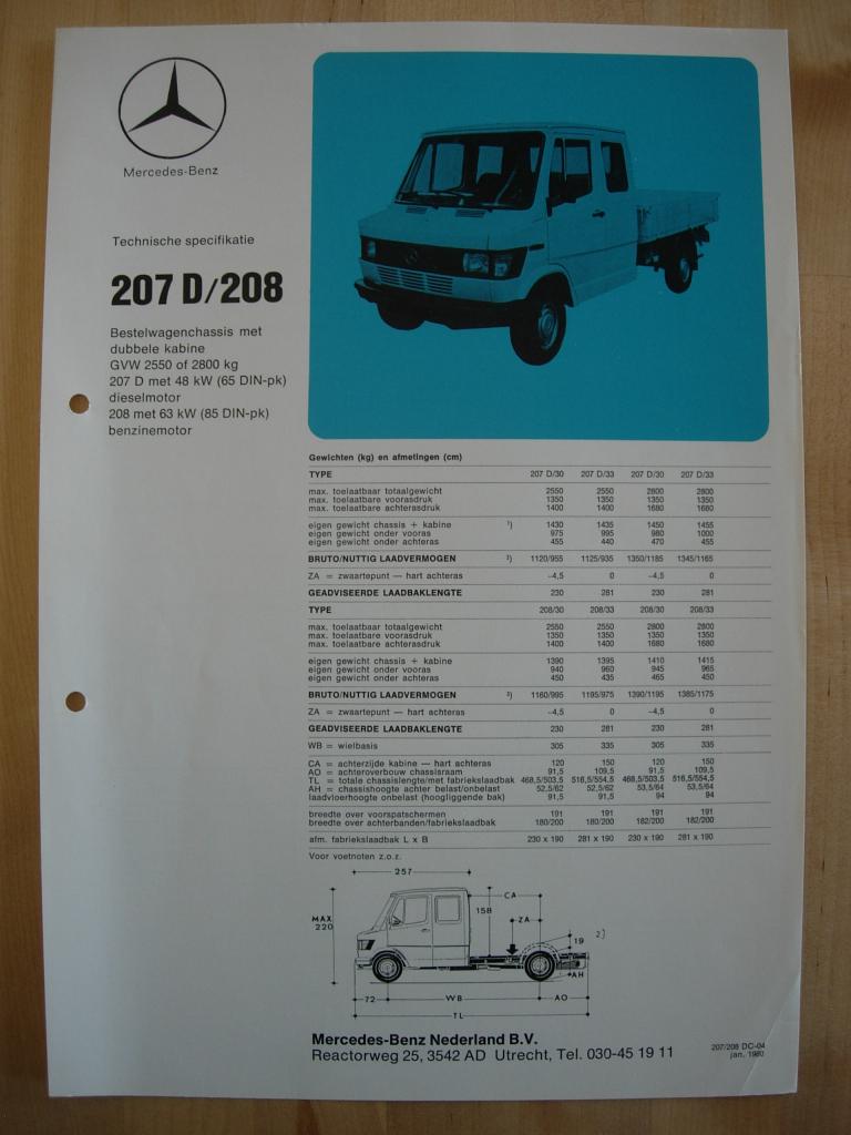 Mercedes 207 208 Specificatie Brochure 1980 207D, Zo goed als nieuw, Mercedes-Benz, Mercedes, Ophalen of Verzenden