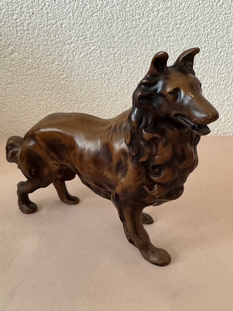 Vintage bronskleurig hondenbeeldje Collie herdershond, Ophalen of Verzenden
