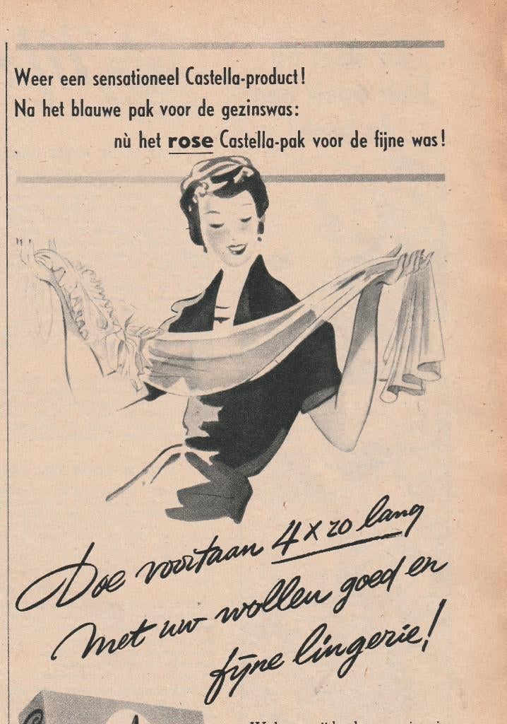 Retro reclame 1951 Castella wolwas wasmiddel wollen truitje, Verzamelen, Retro, Verzenden, Overige typen