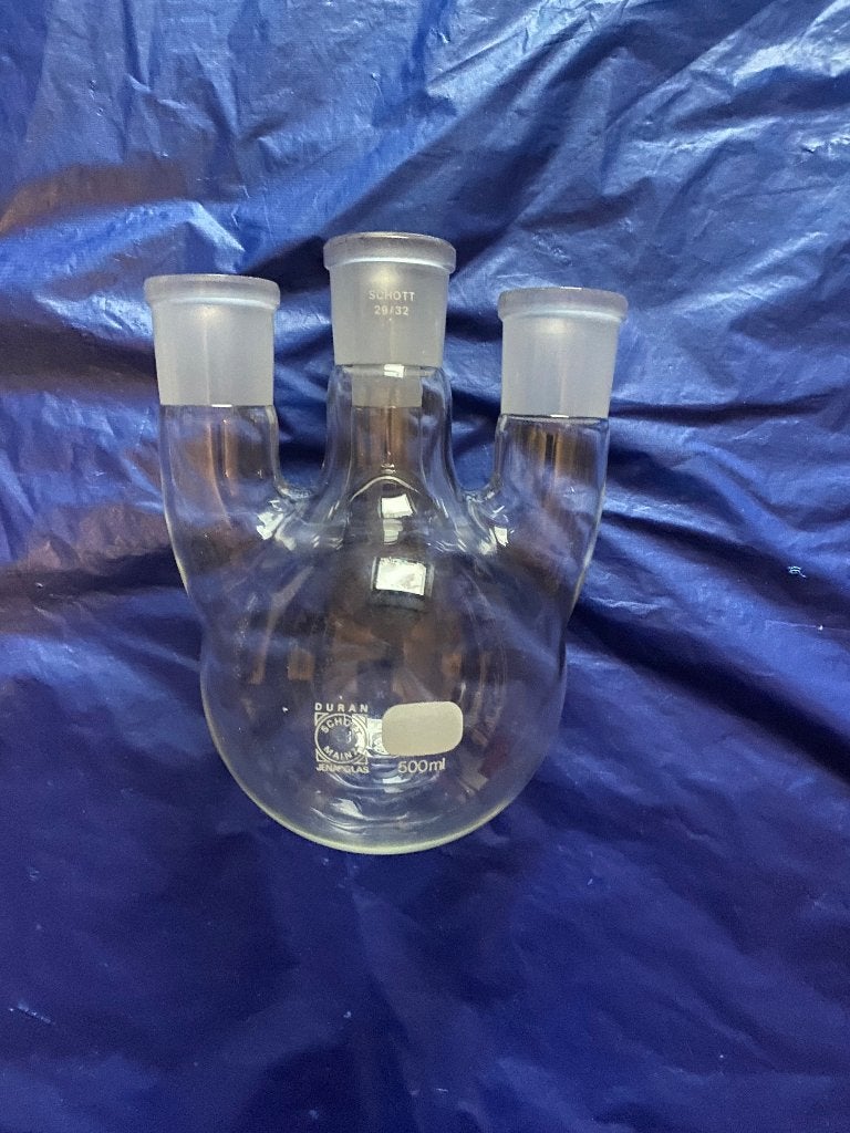 Rondbodemkolf 500ml 4-hals +NS29(laboratorium,destillatie), Verzamelen, Ophalen of Verzenden, Zo goed als nieuw, Overige typen