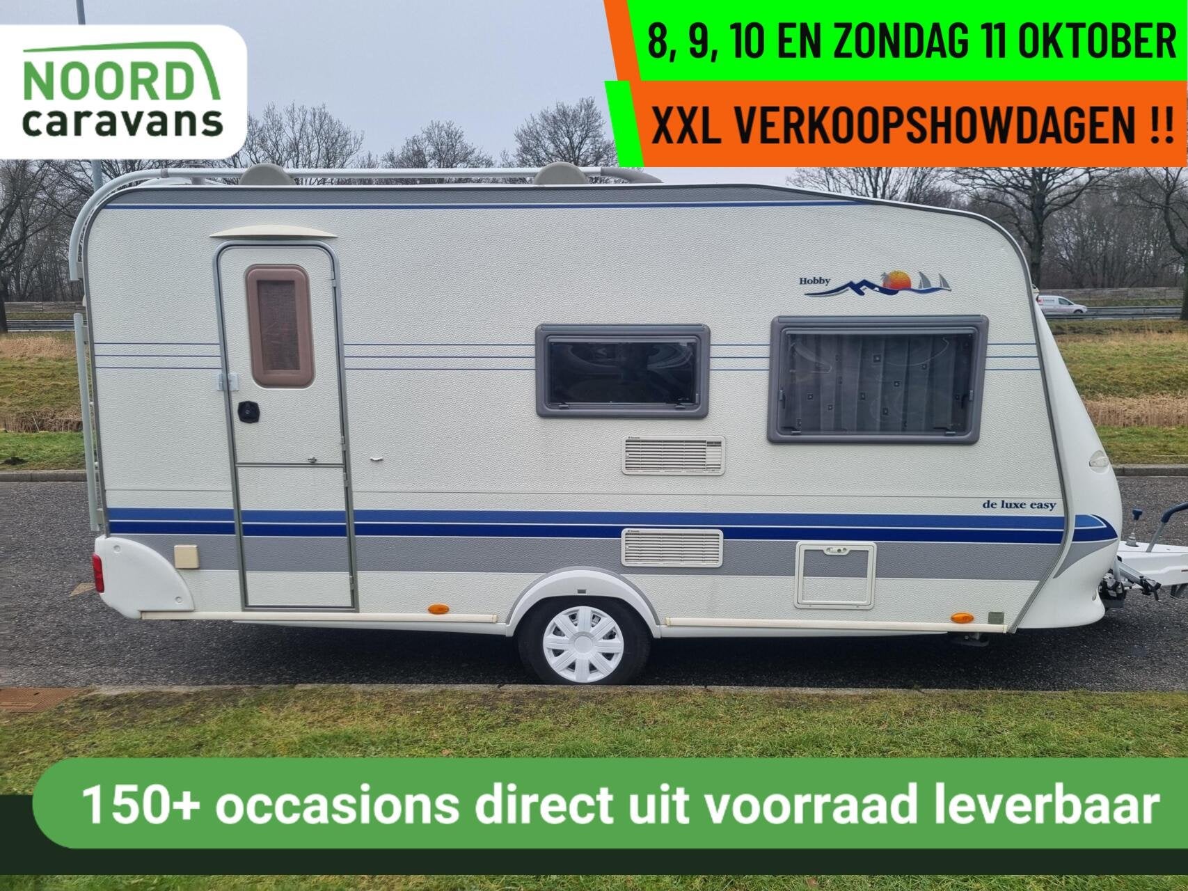 Hobby DE LUXE EASY 440 VOORTENT + DWARSBED + FIETSENDRAGER, Caravans en Kamperen, Hordeur, Hobby, Bedrijf, 6 tot 7 meter