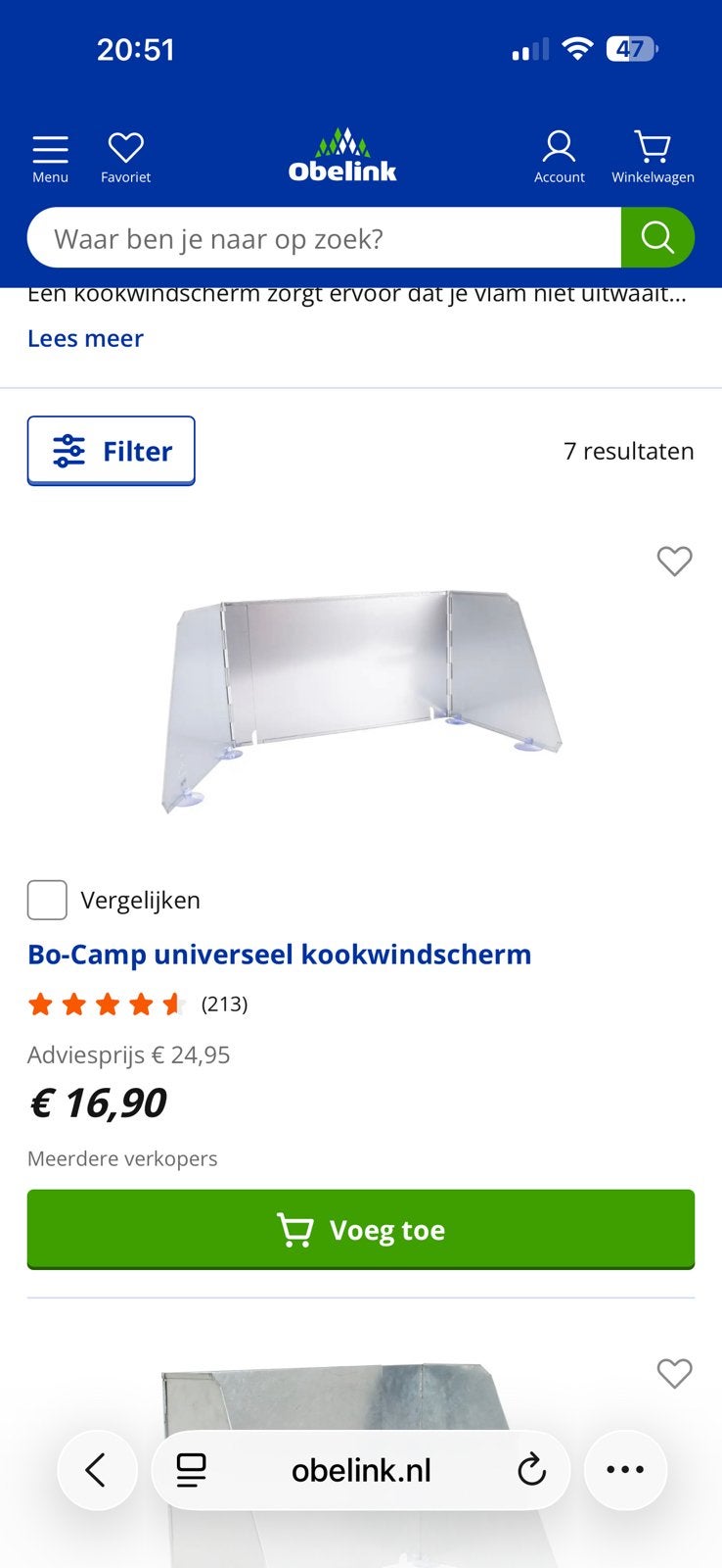 Bo-Camp universeel kookwindscherm, Caravans en Kamperen, Ophalen, Nieuw, Overige