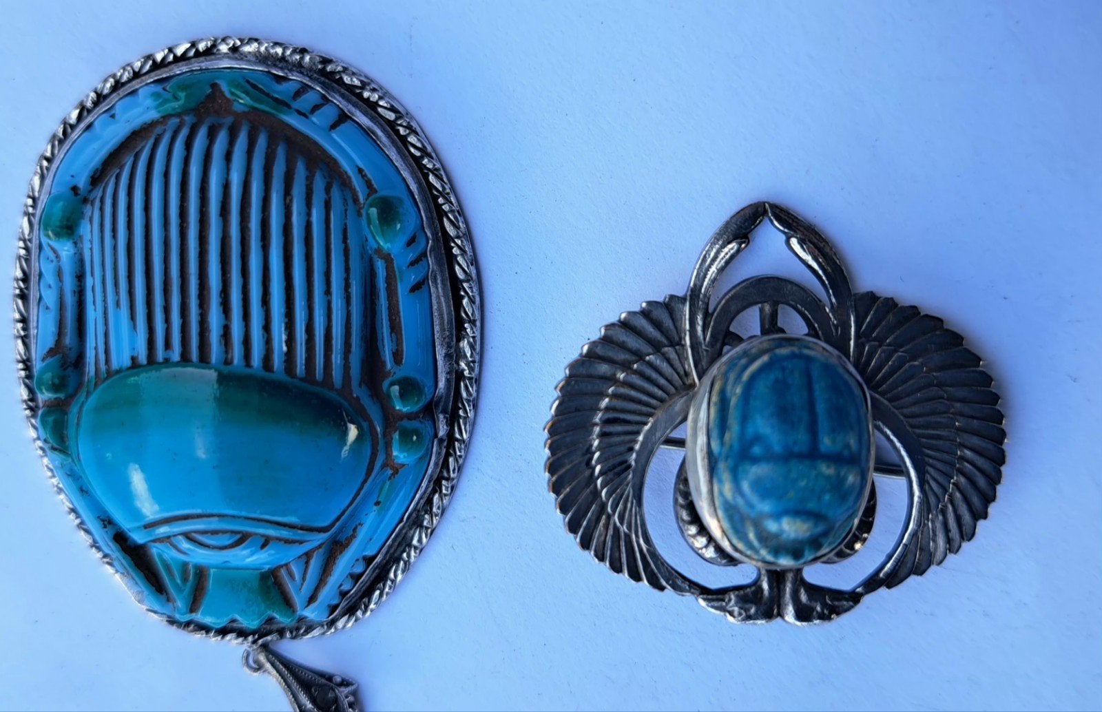Vintage Egyptische Scarabee Hanger en Broche Set, Met hanger, Gebruikt, Blauw, Ophalen of Verzenden