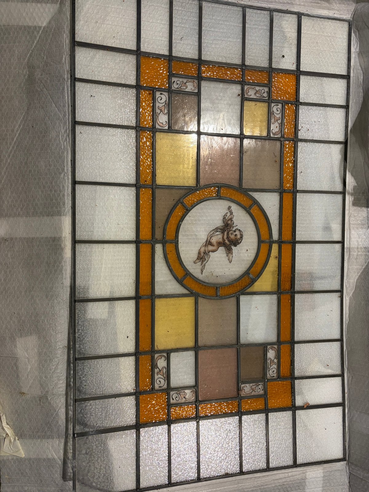 3 x Glas-in-lood paneel met engelelmedaillon 126 cm / 76 cm, Antiek en Kunst, Ophalen