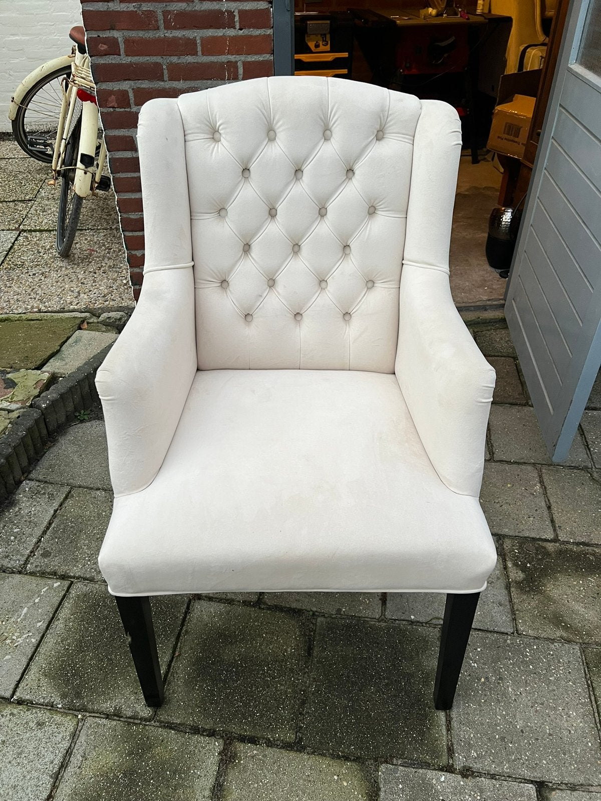 Beige velvet gecapitonneerde eetkamerstoelen, Huis en Inrichting, Stoelen, Ophalen, Gebruikt, Overige kleuren, Vijf, Zes of meer stoelen