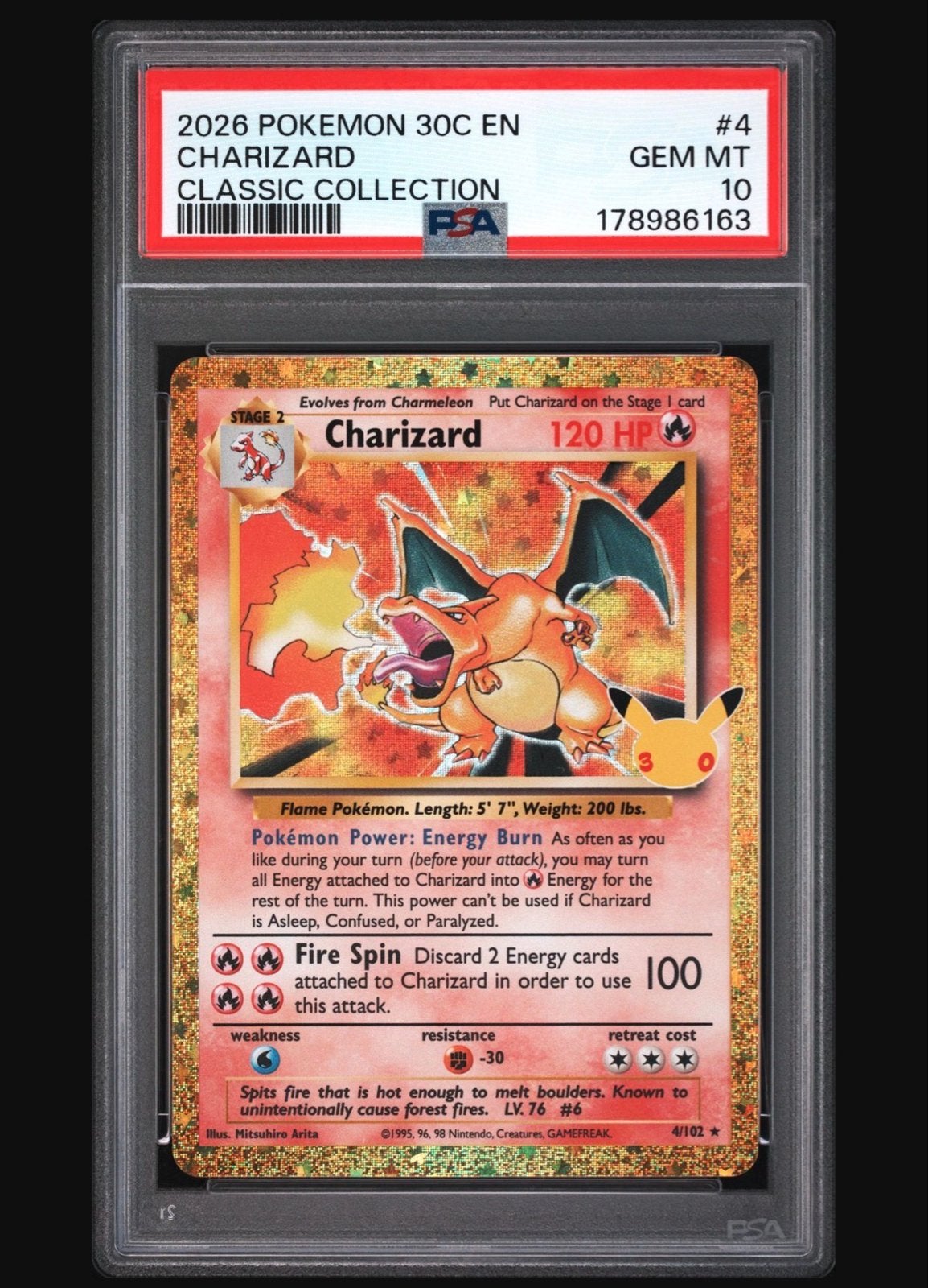 PSA 10 Charizard Classic Collection 30th Anniversary, Ophalen of Verzenden, Zo goed als nieuw, Losse kaart