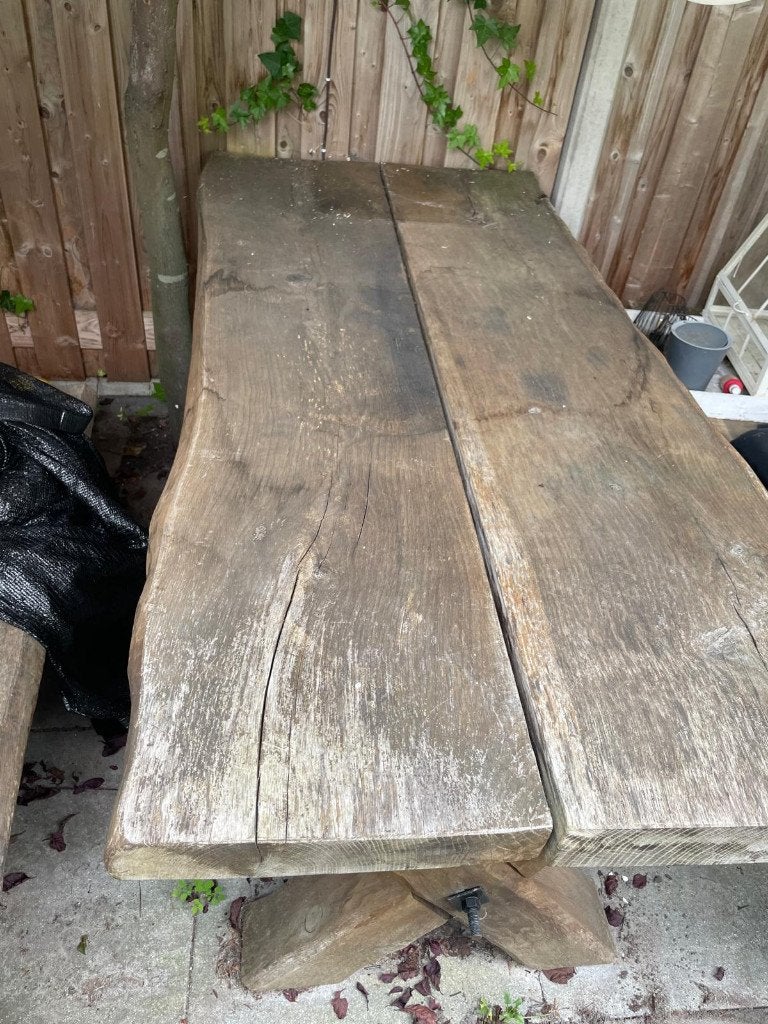 Zeer massieve eiken tuintafel met bank en stoelen, Ophalen, Gebruikt, Rechthoekig, Hout