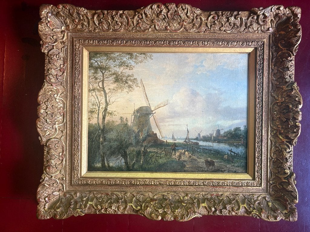 Jan Evert Morel II - Hollands rivierenlandschap (ca. 1870), Nederlandse school, Doek, Ophalen of Verzenden, Landschap