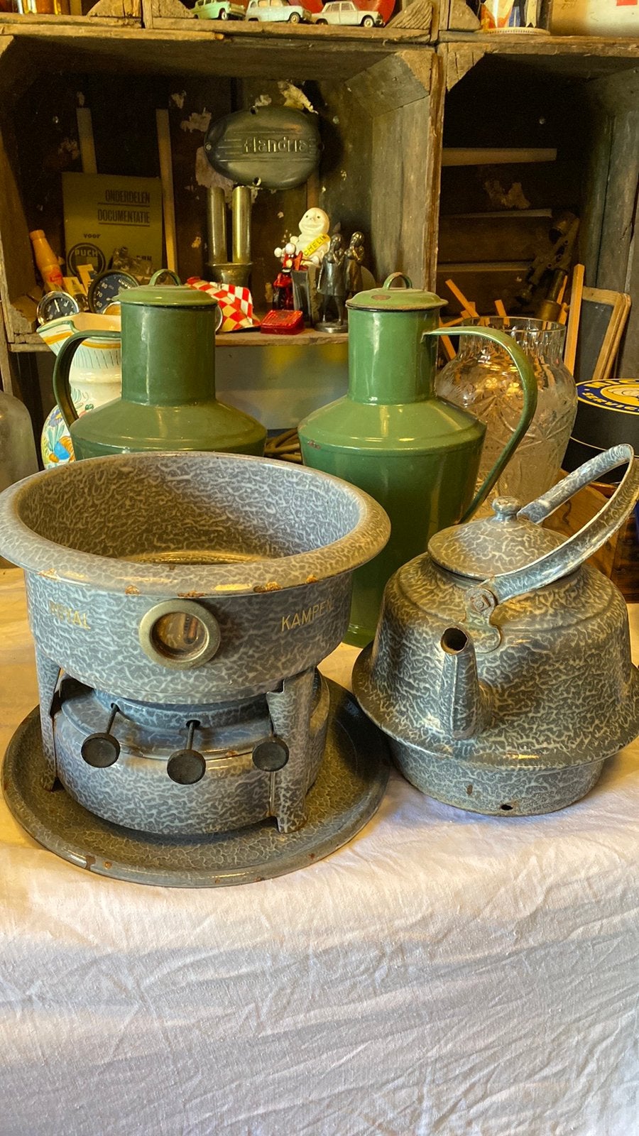 Mooi set Grijsgewolkt emaille, Ophalen of Verzenden
