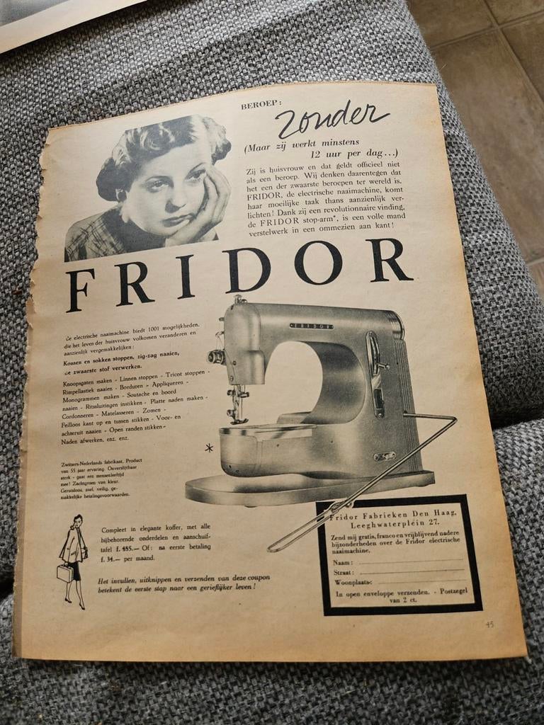 Fridor elektrische naaimachine advertentie, Hobby en Vrije tijd, Naaimachines en Toebehoren, Ophalen of Verzenden