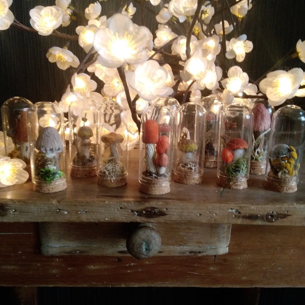 Handmade Papier-mâche paddenstoelen in stolpjes. 6stuks, Verzenden