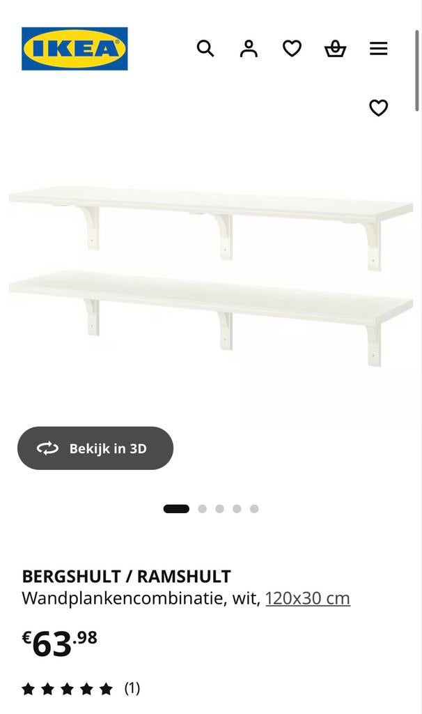 2 IKEA BERGSHULT / RAMSHULT wandplanken, wit, 120x30 cm, Ophalen, Zo goed als nieuw