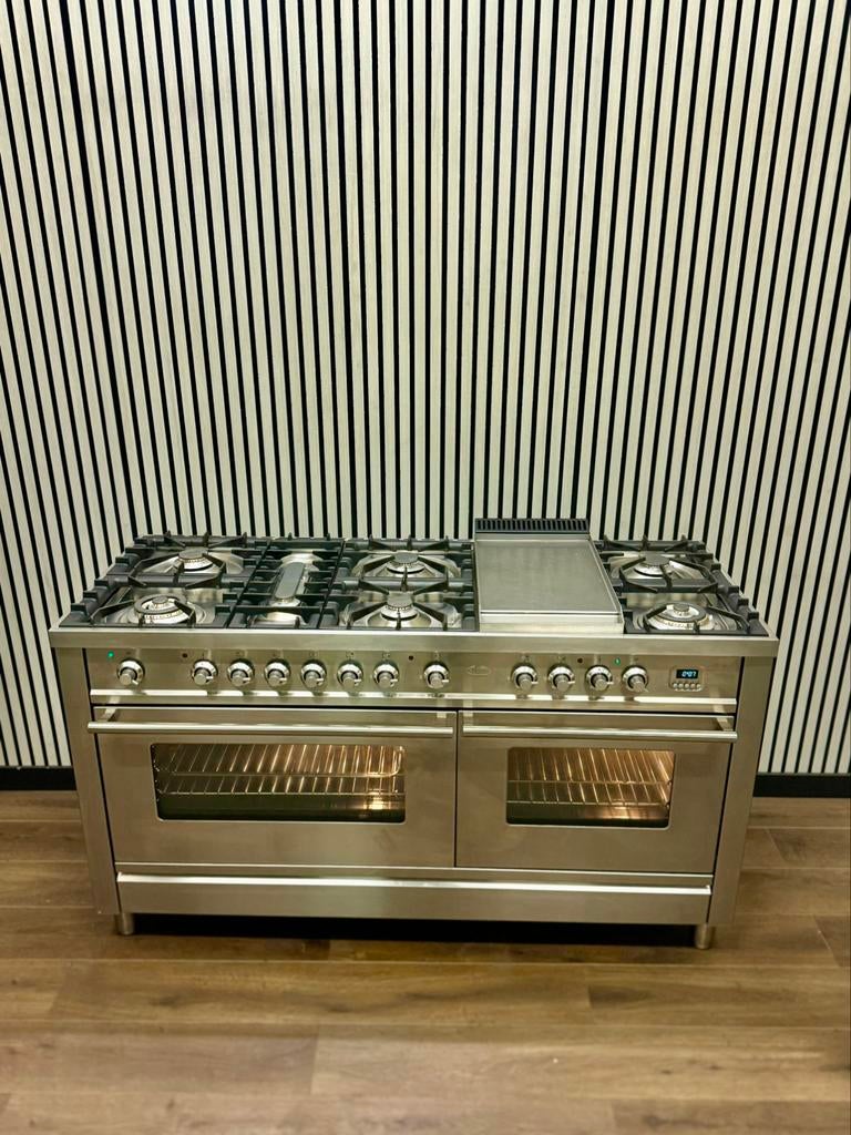 Luxe Boretti Fornuis 8 pits RVS dubbele oven 150 cm breed, Fornello Esperta, Grill, Ophalen of Verzenden, Zo goed als nieuw