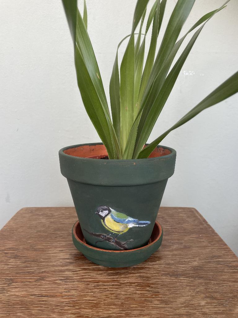 Handbeschilderde Bloempot Vogel Koolmees, Rond, Ophalen of Verzenden, Zo goed als nieuw, Aardewerk