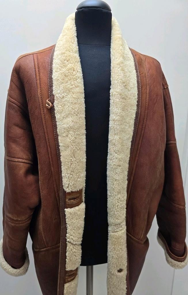 Vintage stoere lammy coat mantel jaren 90 echt schapenvacht, Bruin, Maat 42/44 (L), Ophalen of Verzenden, Vintage