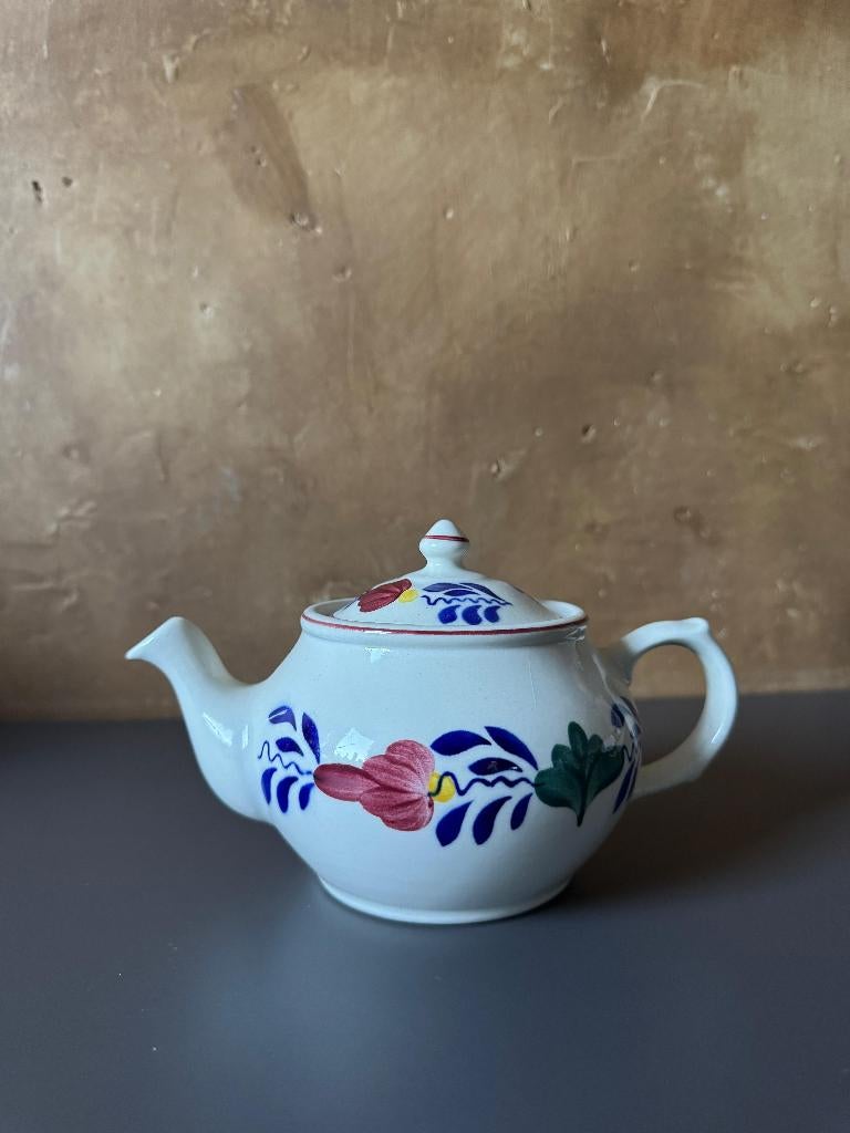 Boerenbont theepot met kop en schotel, Overige typen, Ophalen of Verzenden, Zo goed als nieuw, Aardewerk