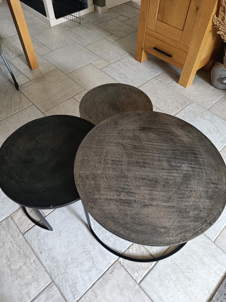 Industriële ronde salontafels van metaal 3 stuks, Ophalen, Gebruikt, 50 tot 100 cm, Rond