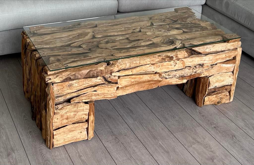 Teakhouten tafel met glasplaat + bijzettafel, Huis en Inrichting, Tafels | Salontafels, Ophalen, 50 tot 100 cm, Zo goed als nieuw