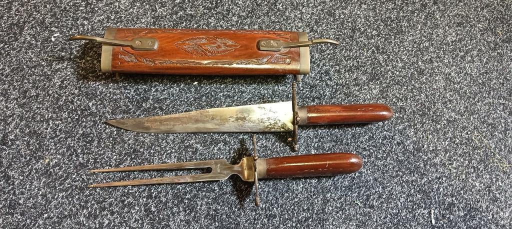 Vintage trancheerset – mes en vork in houten etui, Ophalen of Verzenden, Gebruikt