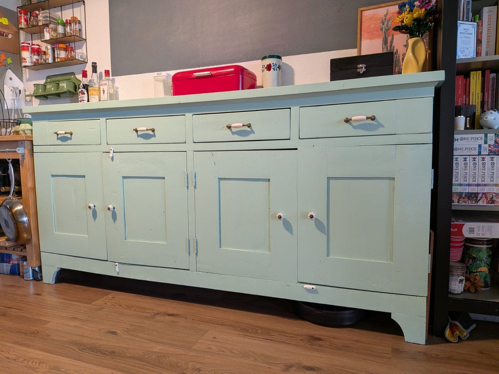 Massief hardhout (eiken?) dressoir/kast | 206x45x100cm, Ophalen, Gebruikt, Met lade(s), Eikenhout
