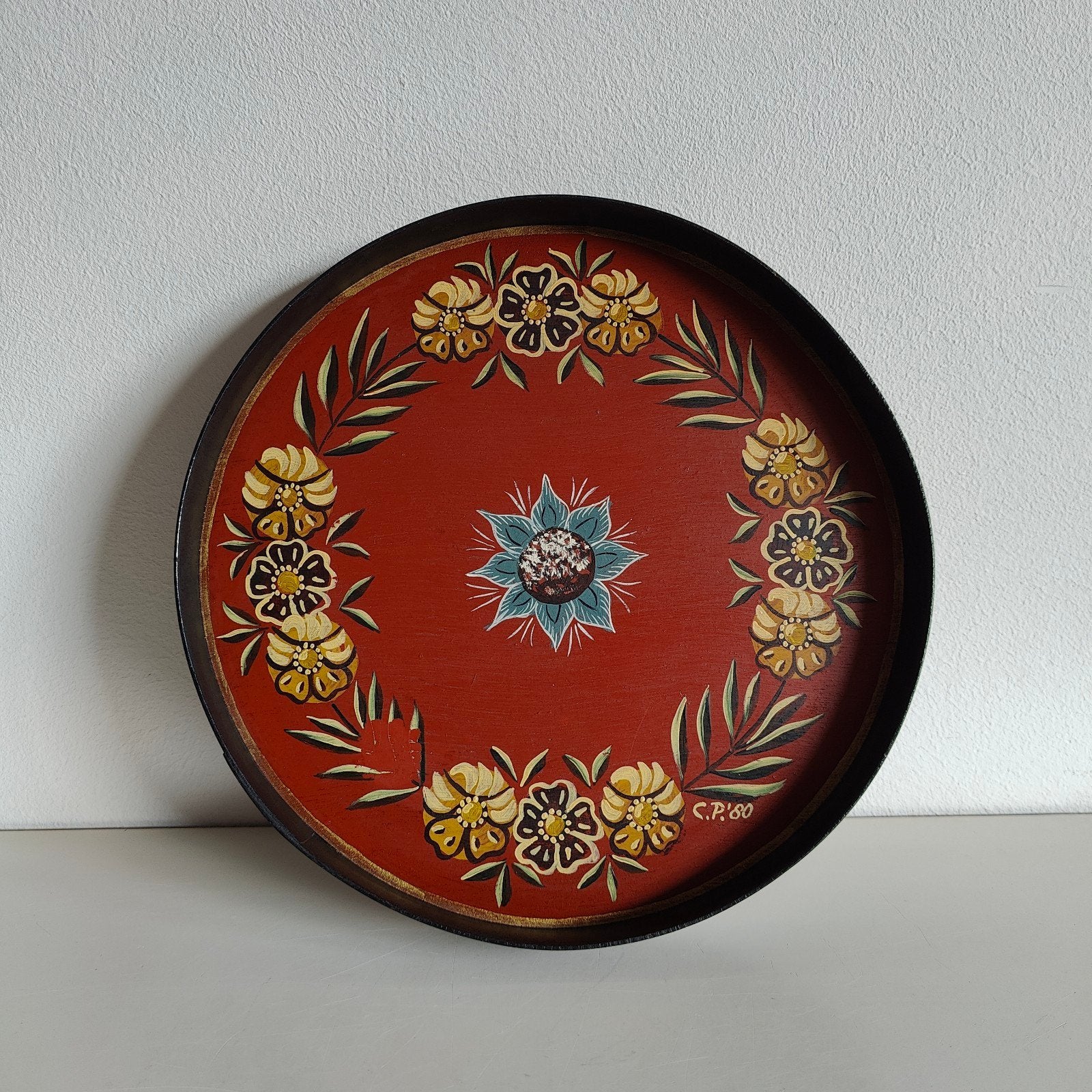 Vintage Hindelooper Hindeloopen dienblad wandbord (1980), Rond, Ophalen of Verzenden, Zo goed als nieuw, Handgemaakt