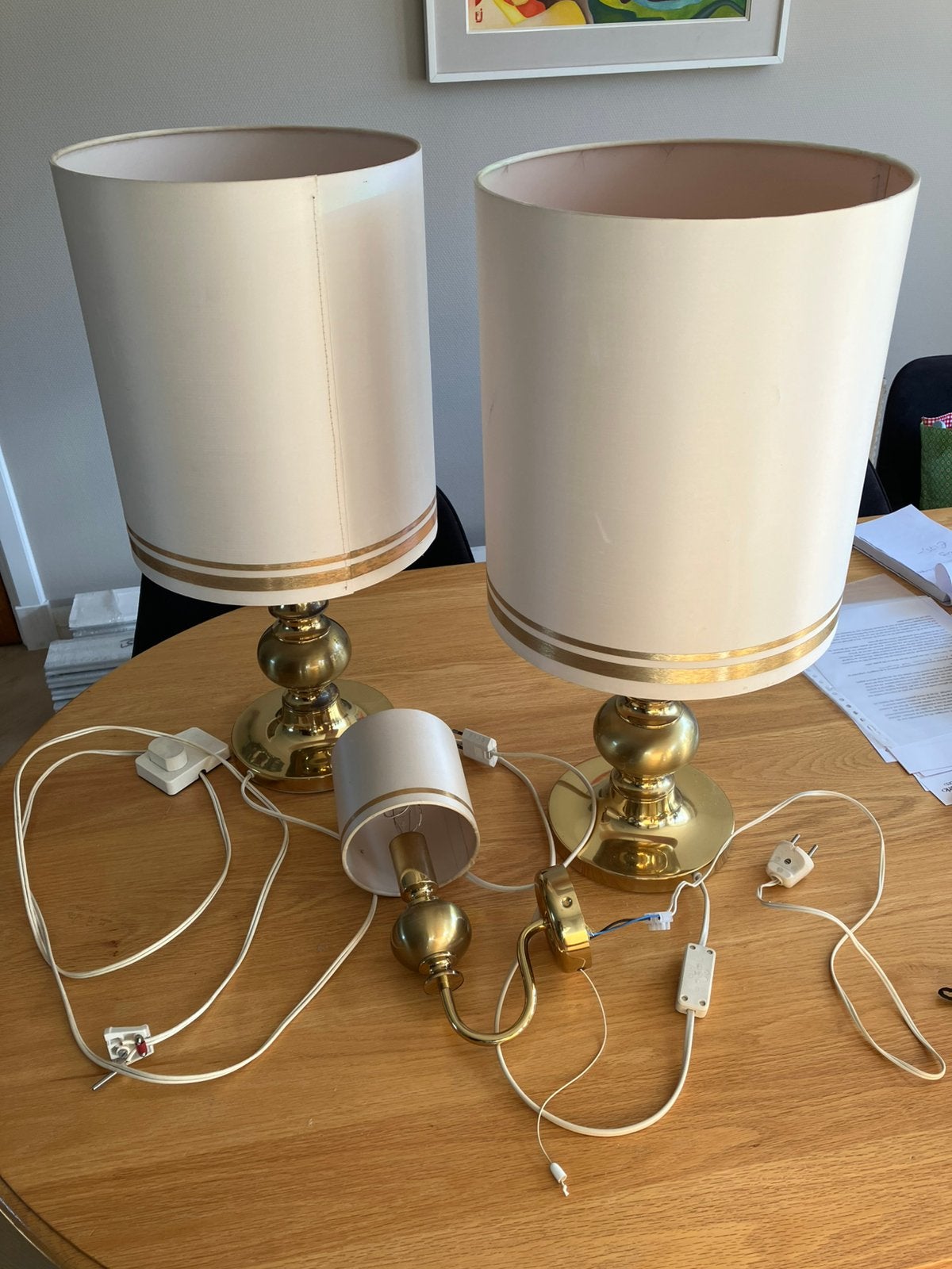 2 tafellampen en 1 wandlamp holywood style messing, Ophalen, Gebruikt, Vintage