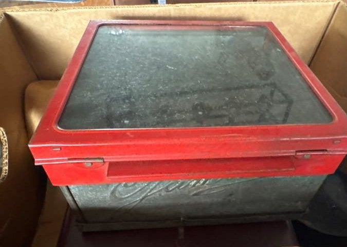 Vintage Jamin winkelblik met rood deksel en kijkvenster, Antiek en Kunst, Ophalen of Verzenden