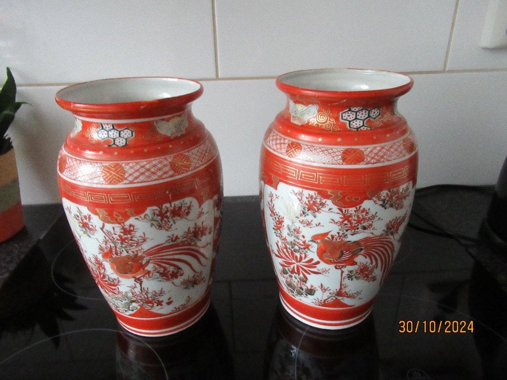2 ANTIEKE JAPANSE VAZEN MET VOGELS + BLOEMEN + MOTIEVEN, Antiek en Kunst, Ophalen of Verzenden