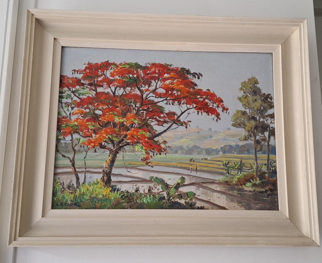 Indonesisch Schilderij GA Kadir Flamboyant Sawah, Doek, Ophalen of Verzenden, Gesigneerd, Landschap